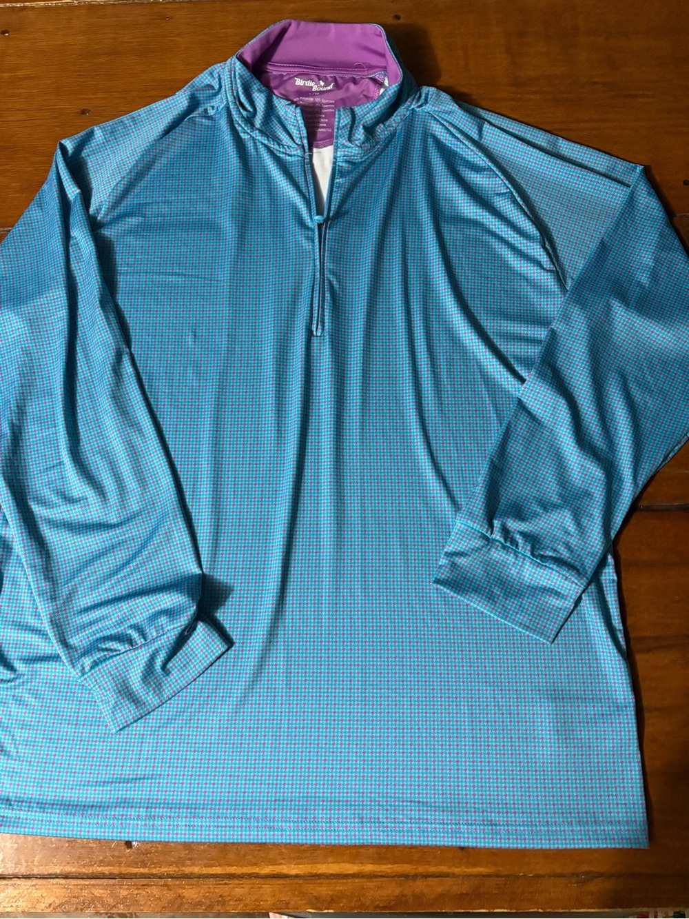 Birdie Bound Blue Long-Sleeve Performance Top with Purple Collar